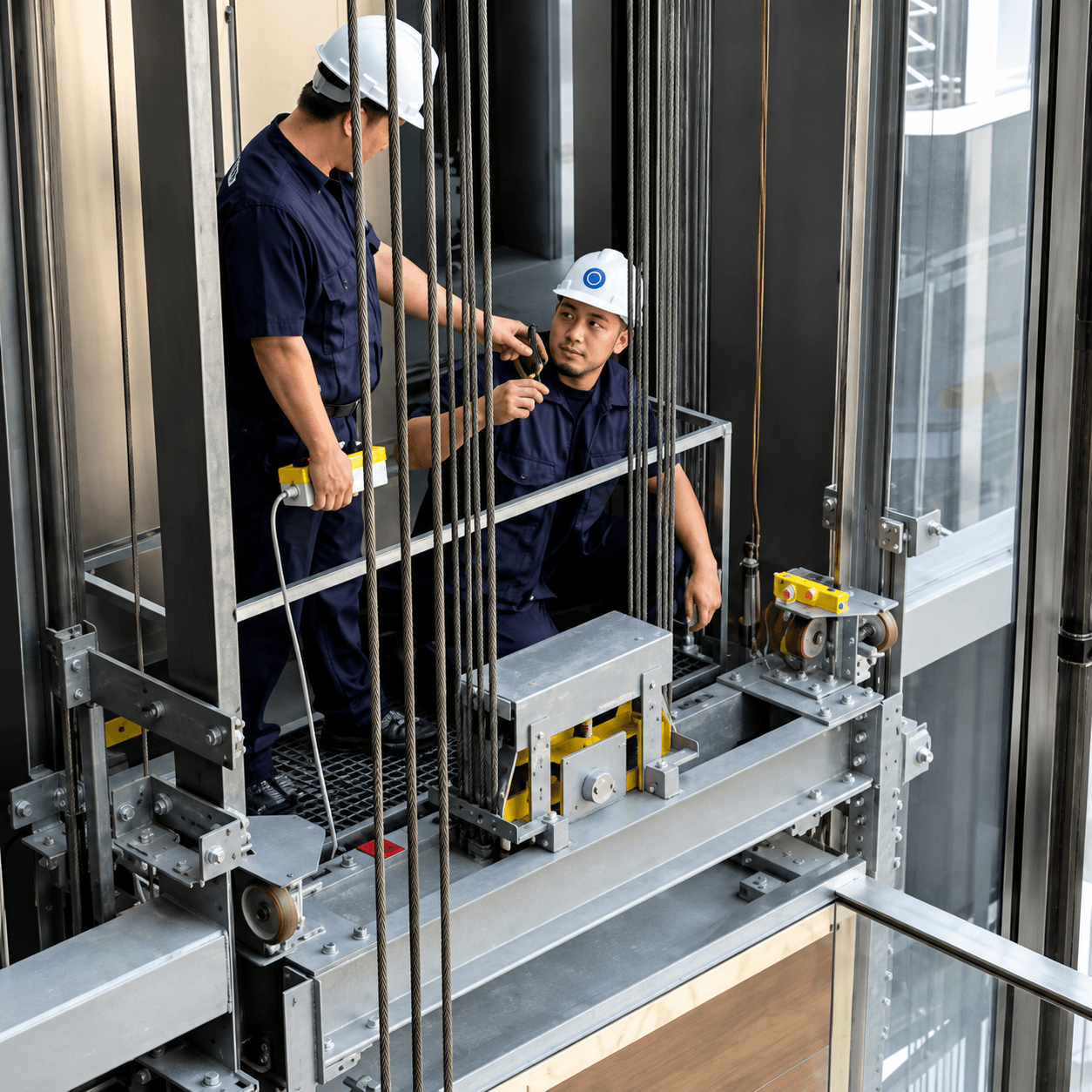 Technician performing scheduled elevator maintenance