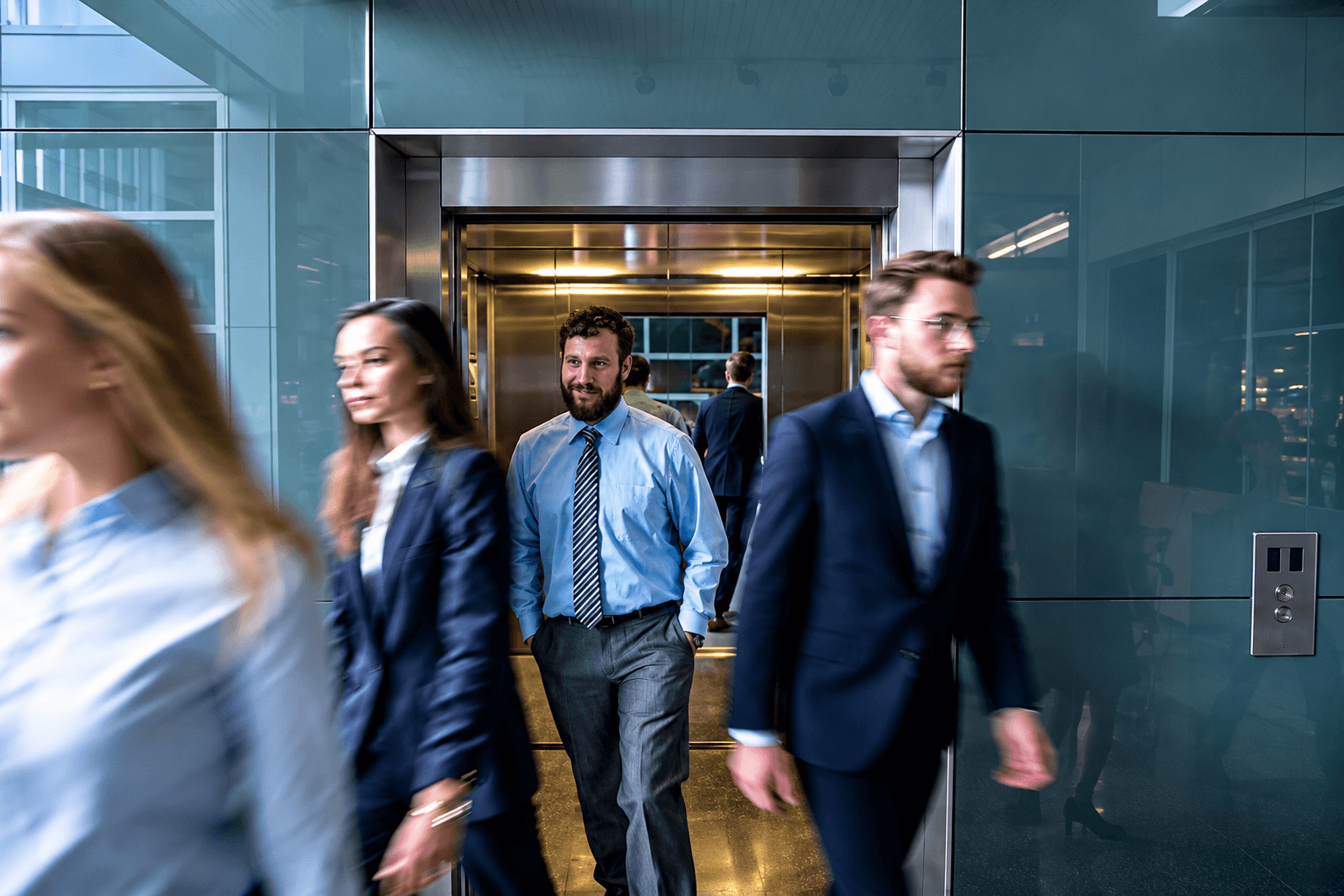 Business professionals using a modern elevator in a commercial building